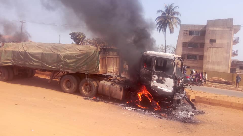 Dangote Truck Set Ablaze For Crushing Okada Rider