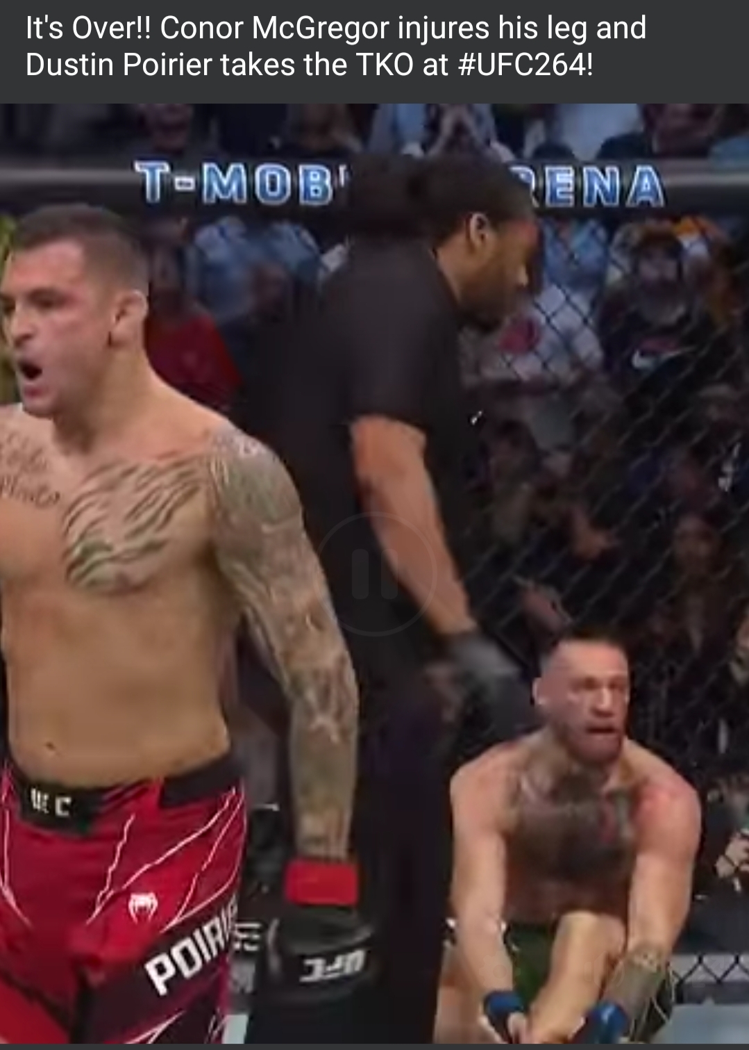 Dustin Poirier beats Conor McGregor with a TKO in UFC 264 after McGregor appears to have broken his leg or ankle