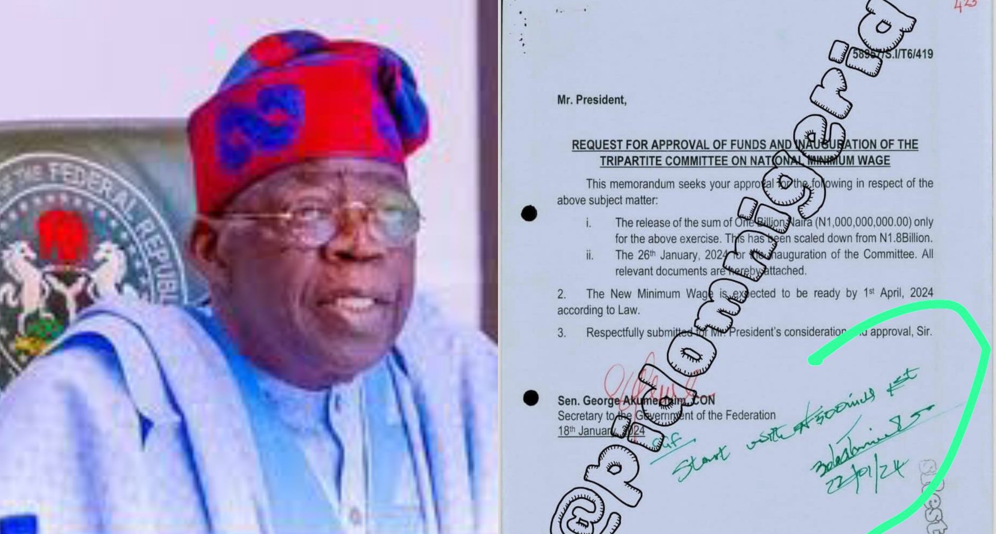 Leaked Memo: How Tinubu Approved ₦500Million For Inauguration Of New National Minimum Wage Committee, From SGF’s ₦1Billion Request